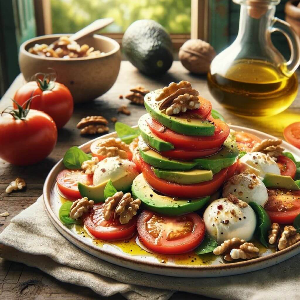 Idée recette : salade de tomates finement tranchées, de l'avocat, du fromage mozzarella, des noix et de l'huile de noix.
